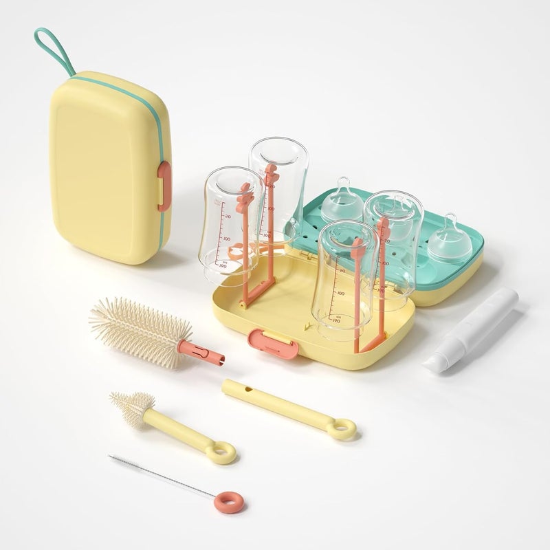 suvast 7in1 Travel Bottle Cleaner kit,Baby Essentials, with Bottle Brush、Nipple Brush、Straw Cleaner Brush、Soap Dispenser、Bottle Drying Rack、Drainage Tray、Storage Box,Baby Travel Essential (Yellow) - Image 1